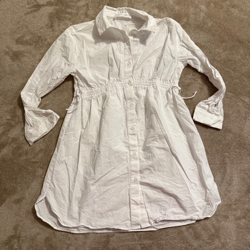 Zara Girls White Long Sleeve Button Down Shirt Dress Cinched Waist Size 8-9 130